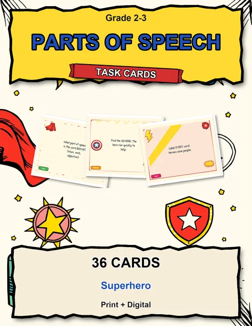 Cover of Parts of Speech Task Cards FREE Superhero